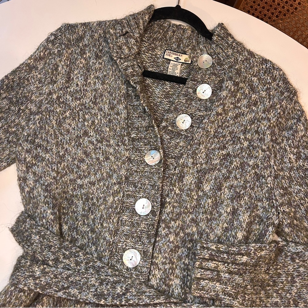 Women’s Caribbean Joe Long Sleeve Belted Button-Down Wool Sweater Cardigan, Sz S